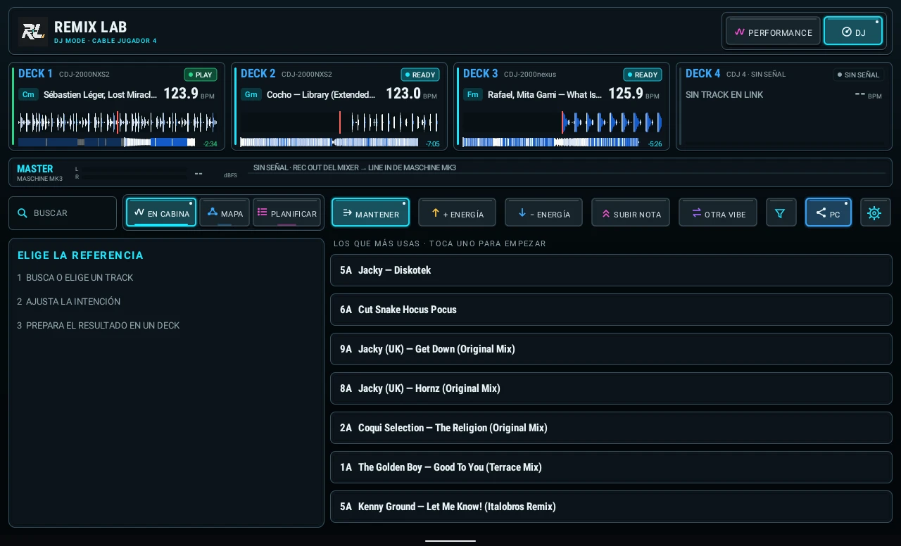 Modo DJ de Remix Lab en una tablet: tres CDJ con su tema, BPM y onda en vivo, los botones de intención y la lista de temas.